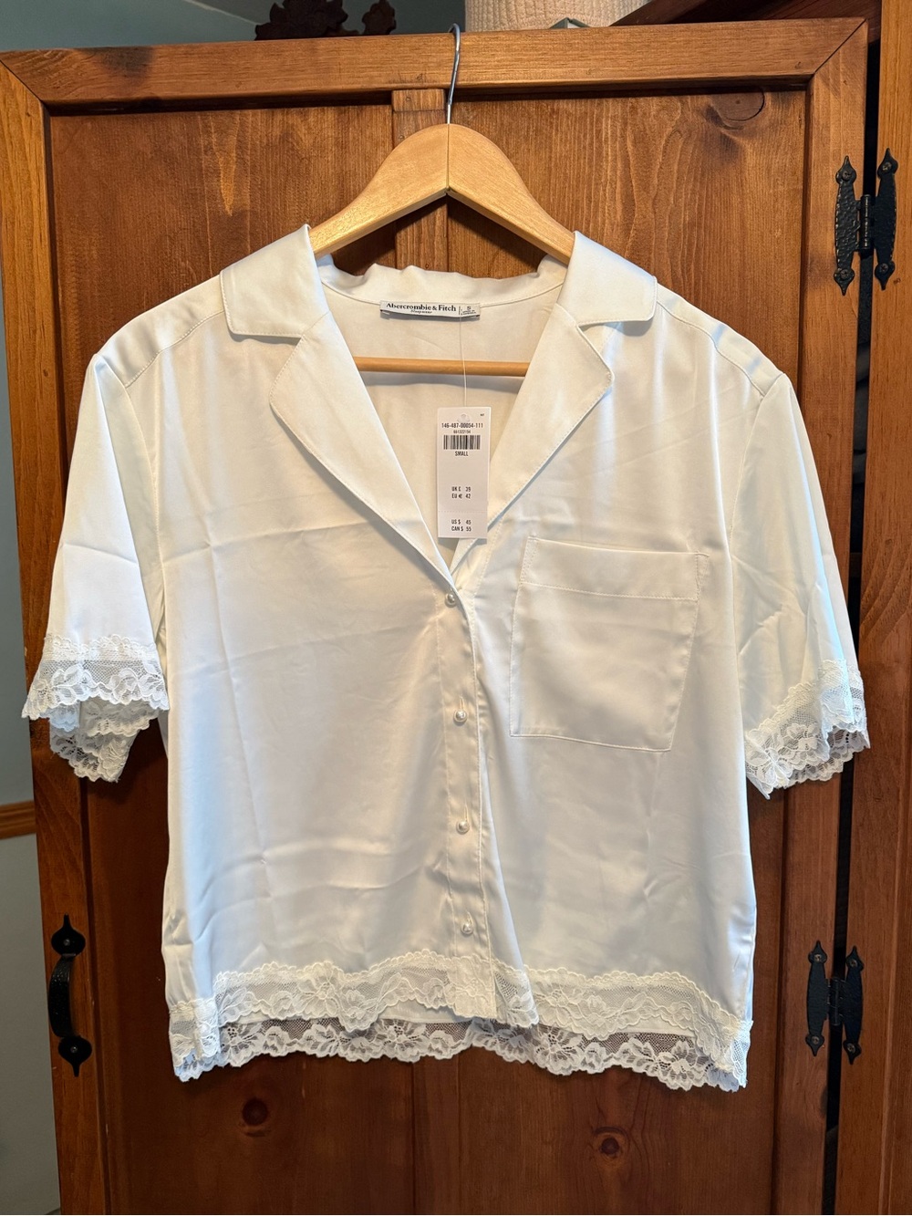 Abercrombie Pajama Set Short Sleeve Button-Up/Pants with lace and pearls